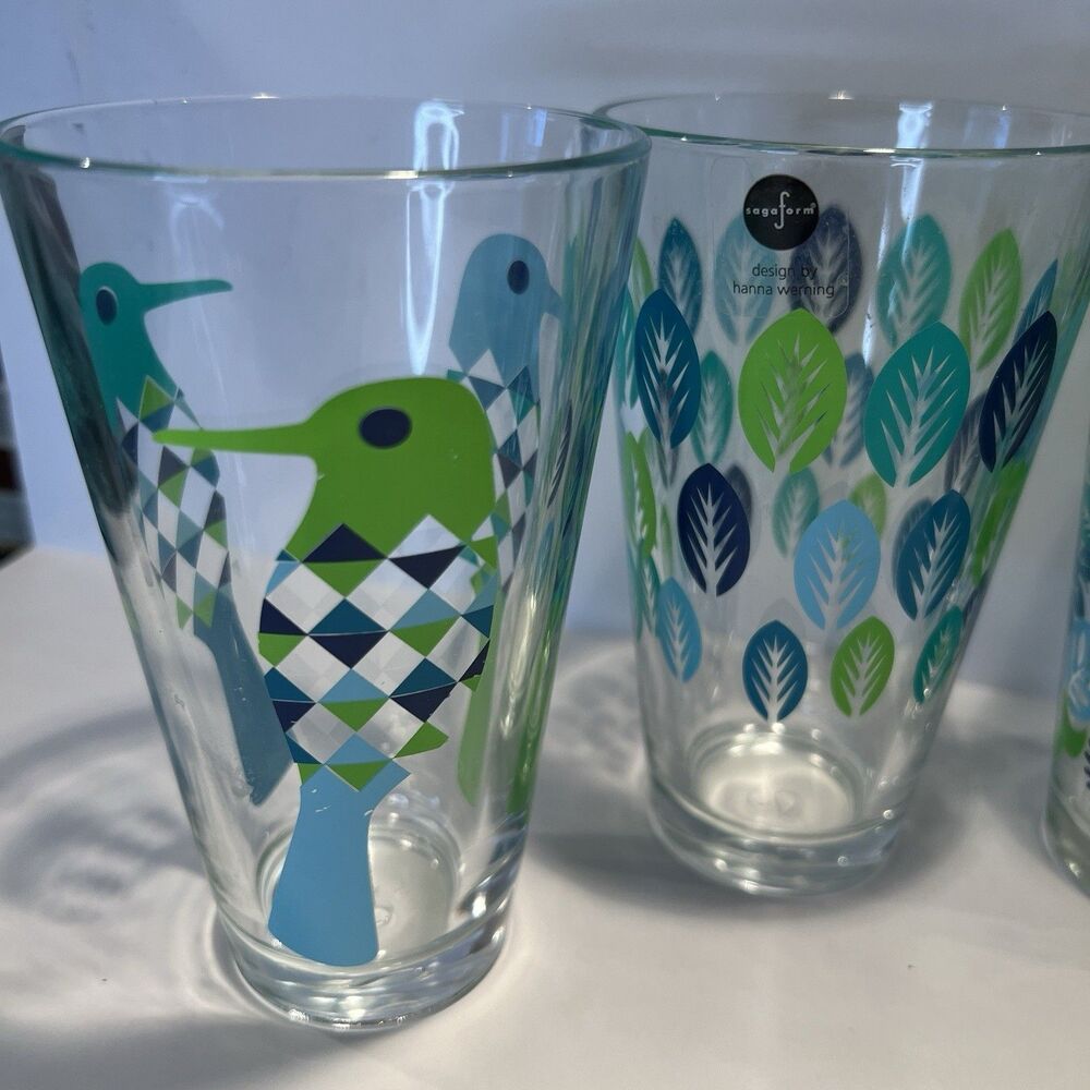 Segaform-Fantasy By Hanna Werning-Set of 4 Tall Drinking Glasses Birds Leaves - Picture 2 of 6